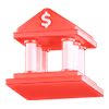 Red 3D icon of a bank building with a dollar symbol on the roof.