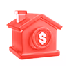 Red house-shaped piggy bank with a white dollar sign on the side.