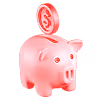 Pink piggy bank with a coin featuring a dollar sign being inserted.