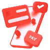 Red stylized mobile device screen with a 'PAY' button, digital elements, and graphical interface symbols.